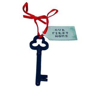 Handmade stamped silver tag iron skeleton key holiday house warming‎ ornament